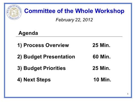 Agenda 1) Process Overview 25 Min. 2) Budget Presentation 60 Min. 3) Budget Priorities 25 Min. 4) Next Steps 10 Min. Committee of the Whole Workshop February.