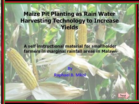 Maize Pit Planting as Rain Water Harvesting Technology to Increase Yields A self instructional material for smallholder farmers in marginal rainfall areas.