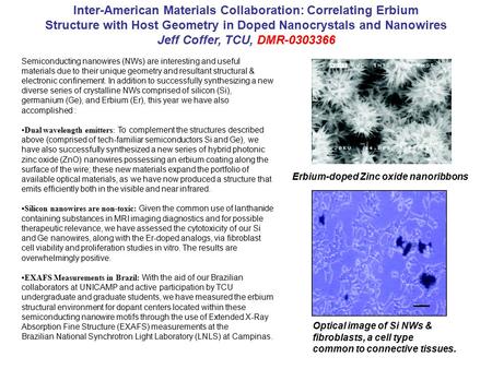 Inter-American Materials Collaboration: Correlating Erbium Structure with Host Geometry in Doped Nanocrystals and Nanowires Jeff Coffer, TCU, DMR-0303366.