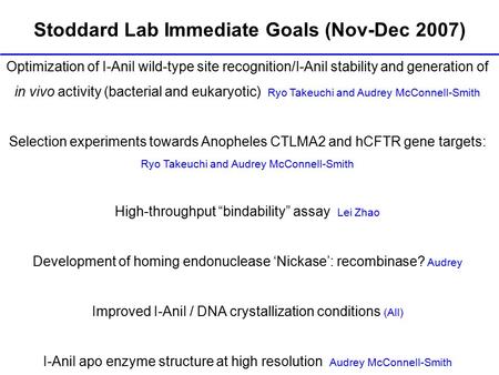 Stoddard Lab Immediate Goals (Nov-Dec 2007) Optimization of I-AniI wild-type site recognition/I-AniI stability and generation of in vivo activity (bacterial.