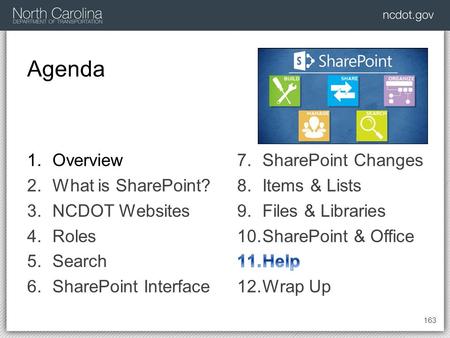 Agenda 163 1.Overview 2.What is SharePoint? 3.NCDOT Websites 4.Roles 5.Search 6.SharePoint Interface.