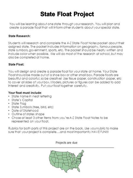 State Float Project You will be learning about one state through your research. You will plan and create a parade float that will inform other students.