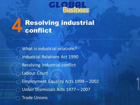 Resolving industrial conflict What is industrial relations? Industrial Relations Act 1990 Resolving industrial conflict Labour Court Employment Equality.