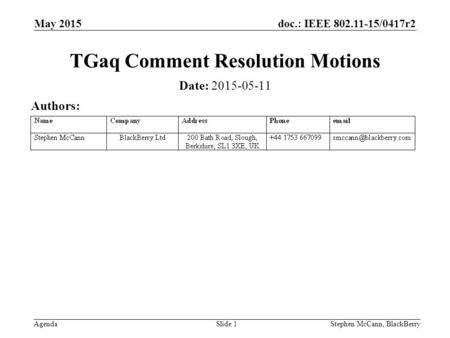 Doc.: IEEE 802.11-15/0417r2 Agenda May 2015 Stephen McCann, BlackBerrySlide 1 TGaq Comment Resolution Motions Date: 2015-05-11 Authors: