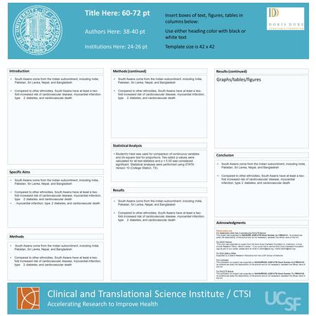 Title Here: 60-72 pt Authors Here: 38-40 pt Institutions Here: 24-26 pt Insert boxes of text, figures, tables in columns below: Use either heading color.