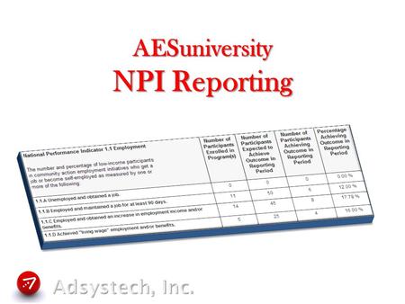 AESuniversity NPI Reporting.  Session Overview  Terms and Definitions  Where It Fits Within MIS  Setup Process  User Process  Questions & Answers.