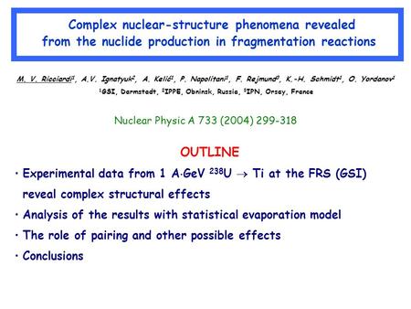 Complex nuclear-structure phenomena revealed from the nuclide production in fragmentation reactions M. V. Ricciardi 1, A.V. Ignatyuk 2, A. Kelić 1, P.