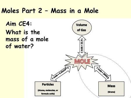 Moles Part 2 – Mass in a Mole Aim CE4: What is the mass of a mole of water?