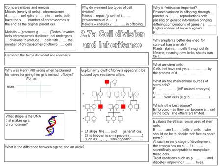 Compare mitosis and meiosis Mitosis (nearly all cells)– chromosomes d……….., cell splits o…... into … cells, both have the s…… number of chromosomes at.