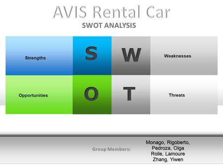 Strengths Opportunities Threats Weaknesses Monago, Rigoberto, Pedroza, Olga Rolle, Lamoure Zhang, Yiwen.