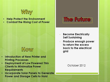 Become Electrically Self Sustaining Produce enough power to return the excess back to the electrical grid Help Protect the Environment Combat the Rising.