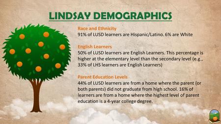 LINDSAY DEMOGRAPHICS Race and Ethnicity 91% of LUSD learners are Hispanic/Latino. 6% are White English Learners 50% of LUSD learners are English Learners.