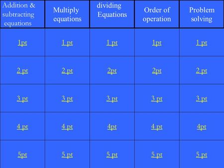 2 pt 3 pt 4 pt 5pt 1 pt 2 pt 3 pt 4 pt 5 pt 1 pt 2pt 3 pt 4pt 5 pt 1pt 2pt 3 pt 4 pt 5 pt 1 pt 2 pt 3 pt 4pt 5 pt 1pt Addition & subtracting equations.