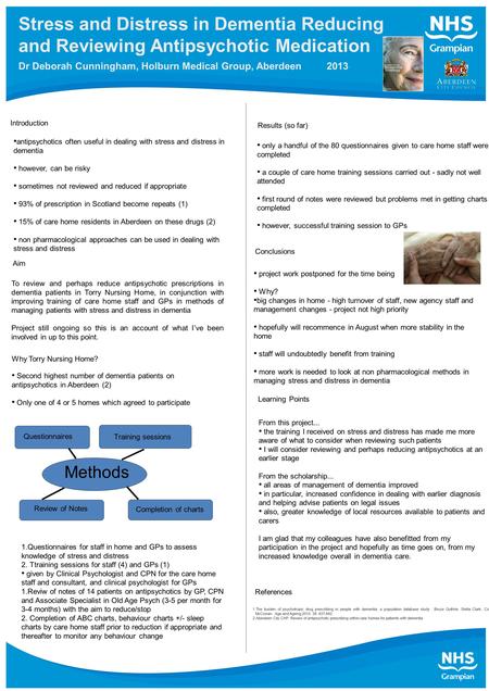 Introduction Stress and Distress in Dementia Reducing and Reviewing Antipsychotic Medication Dr Deborah Cunningham, Holburn Medical Group, Aberdeen 2013.