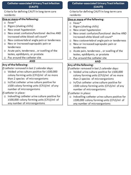 Catheter-associated Urinary Tract Infection (CAUTI) Criteria for defining CAUTI in long-term care residents: One or more of the following: □Fever* □Rigors.