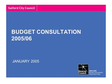 BUDGET CONSULTATION 2005/06 JANUARY 2005. Budget timetable Financial projections for 2005/06 preparedOct – Nov 2004 Revenue Support Grant settlementDec.