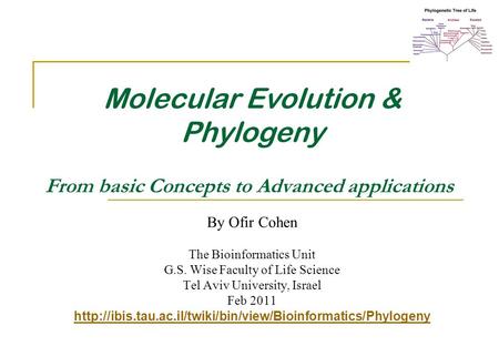 From basic Concepts to Advanced applications Molecular Evolution & Phylogeny By Ofir Cohen The Bioinformatics Unit G.S. Wise Faculty of Life Science Tel.