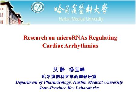 Research on microRNAs Regulating Cardiac Arrhythmias 艾 静 杨宝峰 哈尔滨医科大学药理教研室 Department of Pharmacology, Harbin Medical University State-Province Key Laboratories.