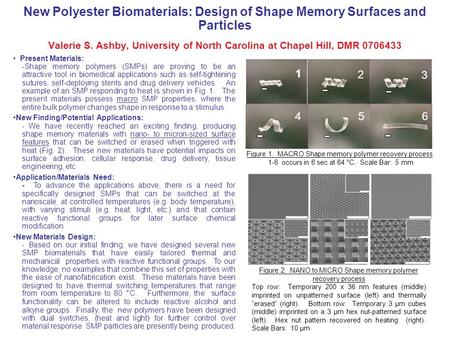 New Polyester Biomaterials: Design of Shape Memory Surfaces and Particles Valerie S. Ashby, University of North Carolina at Chapel Hill, DMR 0706433 Present.