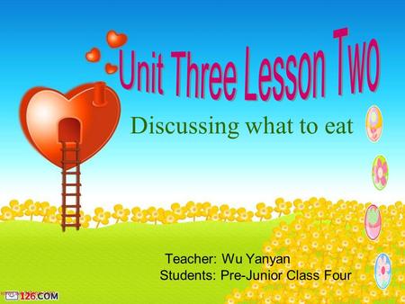 Teacher: Wu Yanyan Students: Pre-Junior Class Four Discussing what to eat.