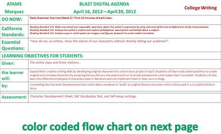 ATAMSBLAST DIGITAL AGENDA College Writing Marquez April 16, 2012—April 20, 2012 DO NOW: Daily Grammar Exercise (Week 2) *First 10 minutes of each class.