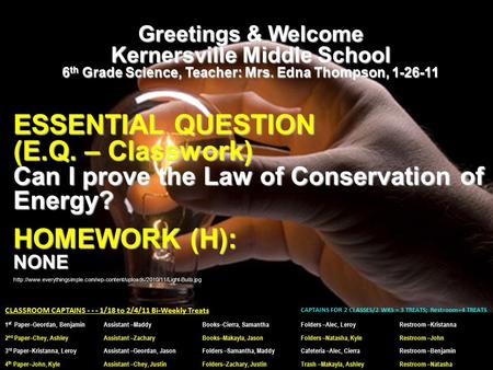 Greetings & Welcome Kernersville Middle School 6 th Grade Science, Teacher: Mrs. Edna Thompson, 1-26-11 ESSENTIAL QUESTION (E.Q. – Classwork) Can I prove.