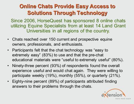 Online Chats Provide Easy Access to Solutions Through Technology Chats reached over 150 current and prospective equine owners, professionals, and enthusiasts.