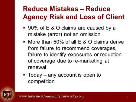 . www.InsuranceCommunityUniversity.com Reduce Mistakes – Reduce Agency Risk and Loss of Client  90% of E & O claims are caused by a mistake (error) not.