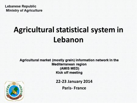 Agricultural statistical system in Lebanon 22-23 January 2014 Paris- France Lebanese Republic Ministry of Agriculture Agricultural market (mostly grain)