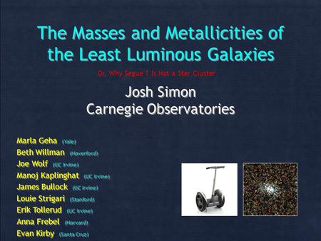 The Masses and Metallicities of the Least Luminous Galaxies Josh Simon Carnegie Observatories Josh Simon Carnegie Observatories Marla Geha (Yale) Beth.