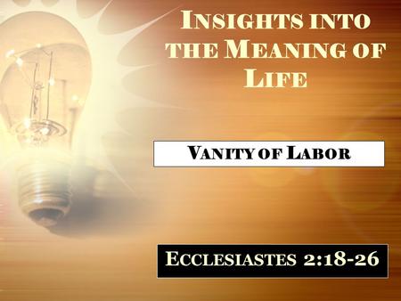 I NSIGHTS INTO THE M EANING OF L IFE E CCLESIASTES 2:18-26 V ANITY OF L ABOR.