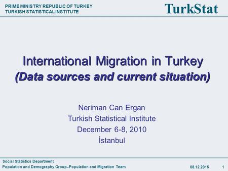 Social Statistics Department Population and Demography Group–Population and Migration Team PRIME MINISTRY REPUBLIC OF TURKEY TURKISH STATISTICAL INSTITUTE.