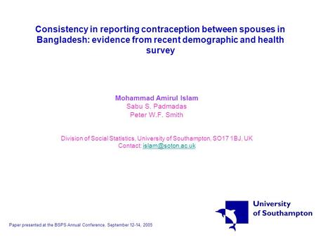 Consistency in reporting contraception between spouses in Bangladesh: evidence from recent demographic and health survey Mohammad Amirul Islam Sabu S.