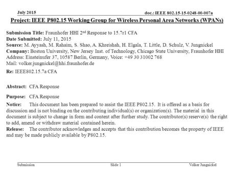 Doc.: IEEE 802.15-15-0248-00-007a Submission Slide 1 Project: IEEE P802.15 Working Group for Wireless Personal Area Networks (WPANs) Submission Title: