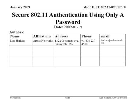 Doc.: IEEE 802.11-09/0123r0 Submission January 2009 Dan Harkins, Aruba NetworksSlide 1 Secure 802.11 Authentication Using Only A Password Date: 2009-01-19.