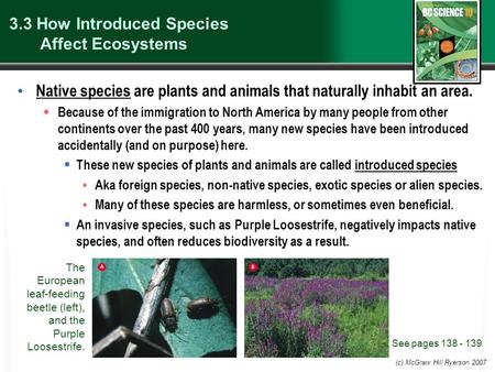 (c) McGraw Hill Ryerson 2007 3.3 How Introduced Species Affect Ecosystems Native species are plants and animals that naturally inhabit an area.  Because.