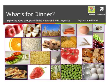  Exploring Food Groups With the New Food Icon: MyPlate What’s for Dinner? StandardContent By: Natalie Humes.