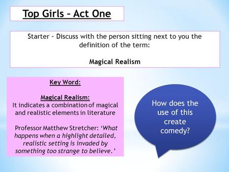 Top Girls – Act One Starter – Discuss with the person sitting next to you the definition of the term: Magical Realism Key Word: Magical Realism: It indicates.