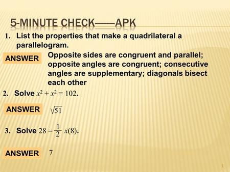 1. 2  Students will find areas of triangles and parallelograms.  Why? So you can plan a jewelry making project, as seen in Ex. 44.  Mastery is 80%