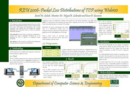 1. Introduction REU 2006-Packet Loss Distributions of TCP using Web100 Zoriel M. Salado, Mentors: Dr. Miguel A. Labrador and Cesar D. Guerrero 2. Methodology.