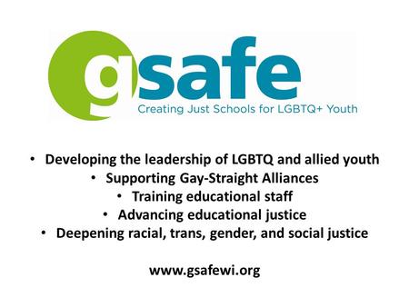 Developing the leadership of LGBTQ and allied youth Supporting Gay-Straight Alliances Training educational staff Advancing educational justice Deepening.