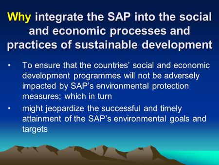 Why integrate the SAP into the social and economic processes and practices of sustainable development To ensure that the countries’ social and economic.