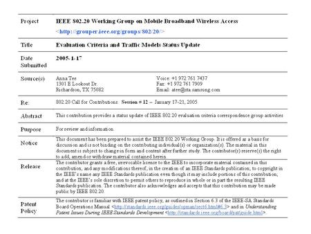 C802.20-05-04r3a2 Issues Discussed in Conference Call - Dec 7 Reviewed list of open issues Evaluation Criteria Status Report from the Plenary updated.