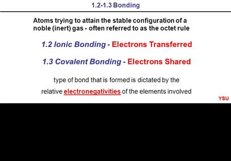 1.3 Covalent Bonding - Electrons Shared 1.2-1.3 Bonding 1.2 Ionic Bonding - Electrons Transferred type of bond that is formed is dictated by the relative.