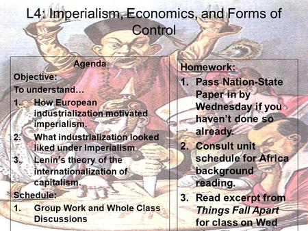 L4: Imperialism, Economics, and Forms of Control Agenda Objective: To understand… 1.How European industrialization motivated imperialism. 2.What industrialization.