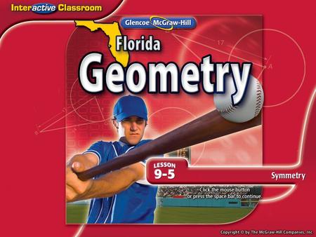 Splash Screen. Lesson Menu Five-Minute Check (over Lesson 9–4) NGSSS Then/Now New Vocabulary Key Concept: Line Symmetry Example 1:Real-World Example: