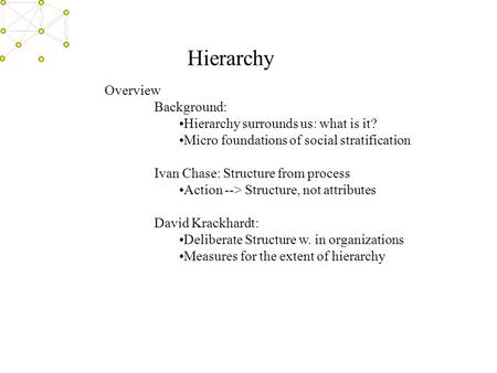 Hierarchy Overview Background: Hierarchy surrounds us: what is it? Micro foundations of social stratification Ivan Chase: Structure from process Action.