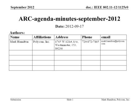 Doc.: IEEE 802.11-12/1125r0 Submission September 2012 Mark Hamilton, Polycom, Inc.Slide 1 ARC-agenda-minutes-september-2012 Date: 2012-09-17 Authors: