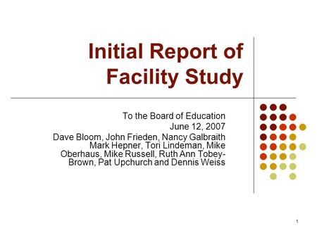 1 Initial Report of Facility Study To the Board of Education June 12, 2007 Dave Bloom, John Frieden, Nancy Galbraith Mark Hepner, Tori Lindeman, Mike Oberhaus,