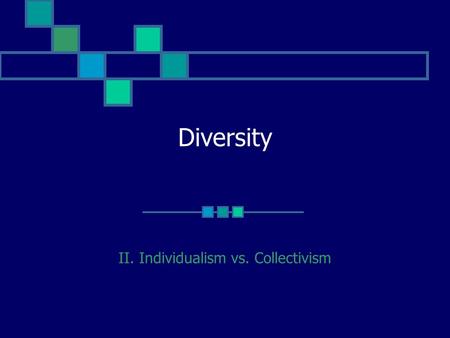 Diversity II. Individualism vs. Collectivism. Individualism vs. Collectivism Definition. Implications. Behavior. View of Self. Common emotions. Approach.